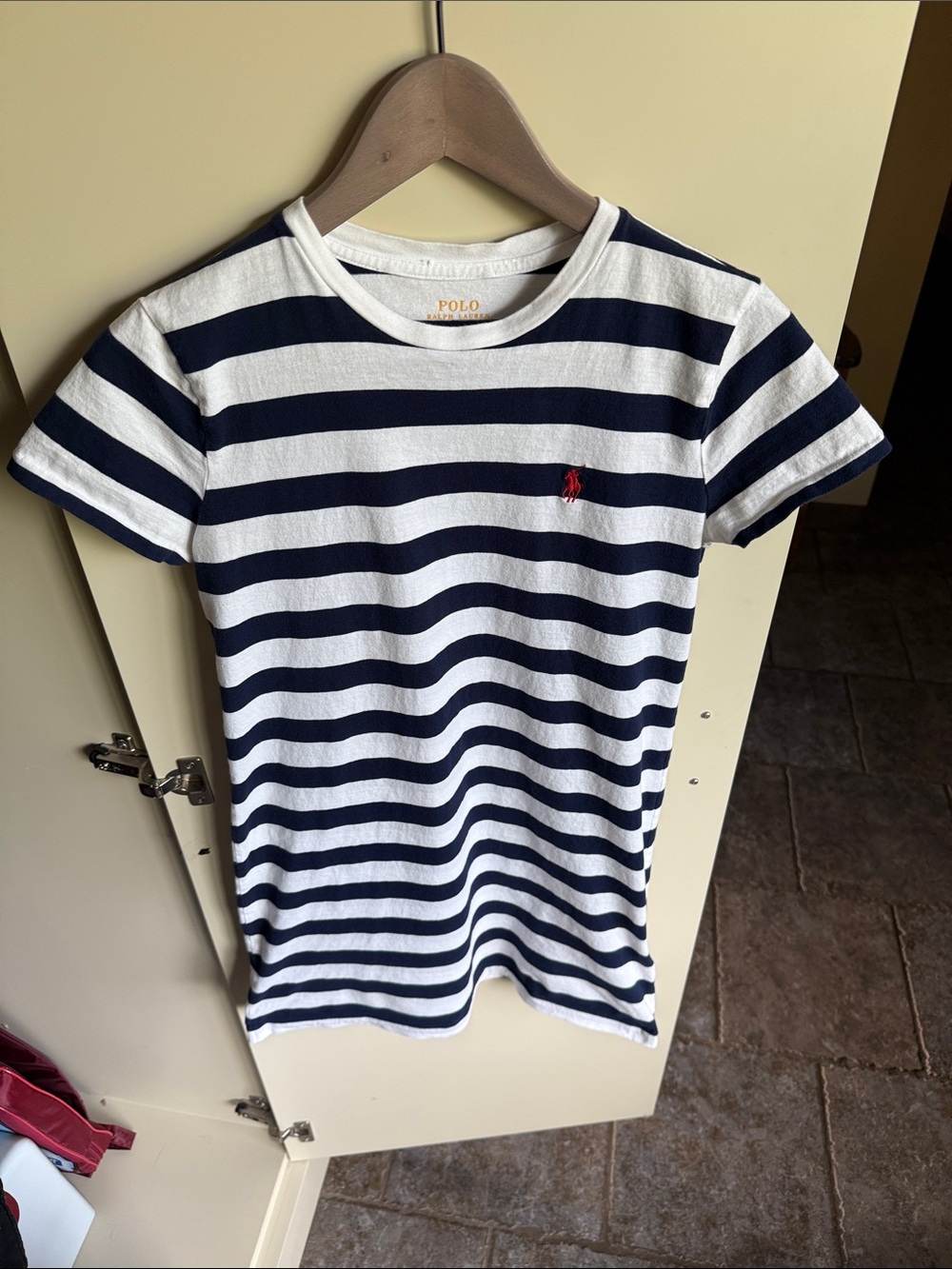 Polo by Ralph Lauren womens Navy & White Striped TShirt Dress with Red Logo